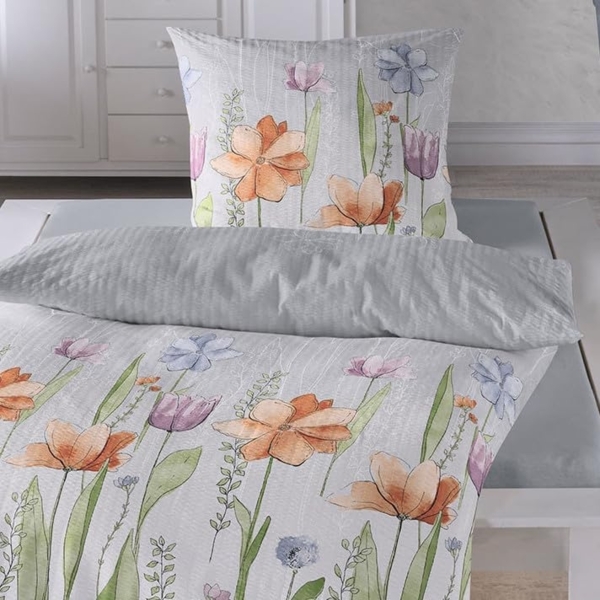 TRAUMSCHLAF Bettwäsche Aquarell Blumen, Seersucker, 2 teilig, florale bügelfreie Sommerbettwäsche