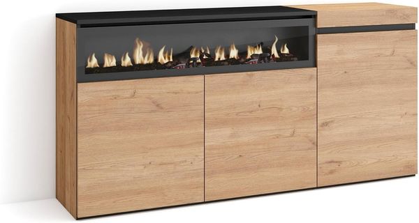 Skraut Home | Sideboard, Highboard | Kommode, Komodenschrank | 150 x 75 x 35 cm | 3 Türen | Elektrokamin. Maße | Moderner Stil | Eiche Schwarz