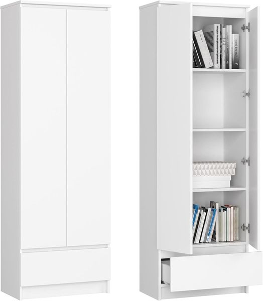 Home Collective Bücherregal Schrank Büroregal weiß 60cm breit 180cm hoch, mit 2 Türen und Schublade unten
