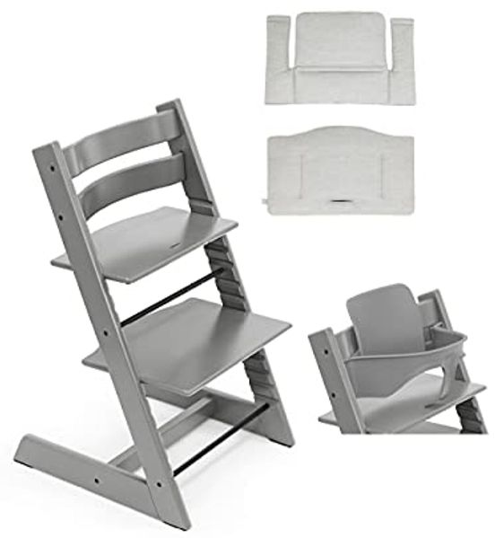 Stokke 'Tripp Trapp' Hochstuhl, storm grey, höhenverstellbar, Buche, inkl. Classic Kissen & Babyset in Nordic Grey
