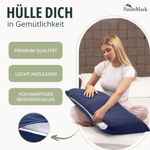 NatureMark 2er Pack Jersey Kissenbezug Kissenhülle Kissenbezüge Seitenschläferkissen Nackenkissen viele Größen und Farben ÖKO-TEX (40x80 cm, Navy blau) Bild 5