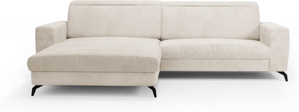 CAVADORE Ecksofa Bounce mit Cord-Bezug / Eckcouch mit Longchair + mattschwarzen Metallfüßen / 290 x 88 x 178 / Breitcord, Creme-Beige