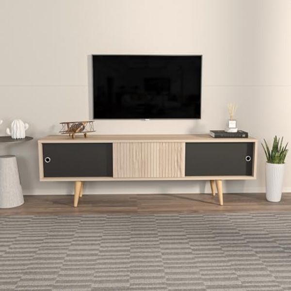 Hanah Home Stylish TV Stand, Oak & Black, 160 x 45 x 34.5 cm | 100% Melamine Coated Particle Board, 18 mm Thick | Modern Design for Living Room & Entertainment