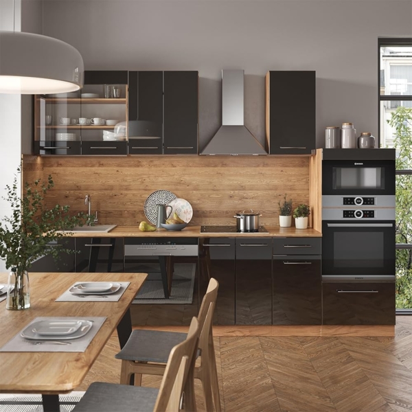 Küchenzeile Fame-Line Anthrazit Hochglanz/Goldkraft Eiche 300 cm mit Hochschrank, ohne Arbeitsplatte Vicco Bild 2
