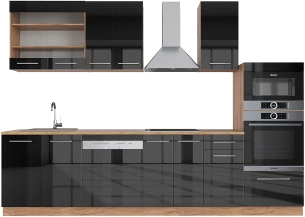 Küchenzeile Fame-Line Anthrazit Hochglanz/Goldkraft Eiche 300 cm mit Hochschrank, ohne Arbeitsplatte Vicco Bild 1