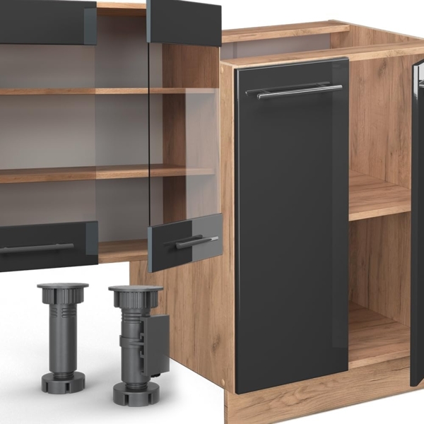 Küchenzeile Fame-Line Anthrazit Hochglanz/Goldkraft Eiche 300 cm mit Hochschrank, ohne Arbeitsplatte Vicco Bild 7