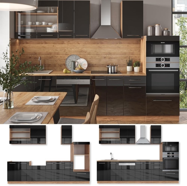 Küchenzeile Fame-Line Anthrazit Hochglanz/Goldkraft Eiche 300 cm mit Hochschrank, ohne Arbeitsplatte Vicco Bild 6