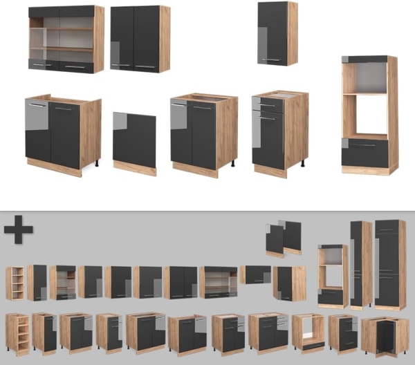 Küchenzeile Fame-Line Anthrazit Hochglanz/Goldkraft Eiche 300 cm mit Hochschrank, ohne Arbeitsplatte Vicco Bild 8