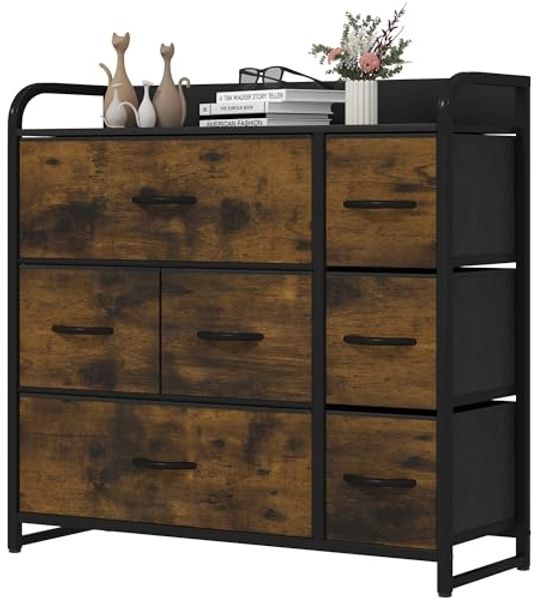 YITAHOME Kommode,Kommode mit 7 Schubladen,Schrank,Stoffschubladen mit Griffen,Metallgestell,Dauerhaft,Rustikal Braun