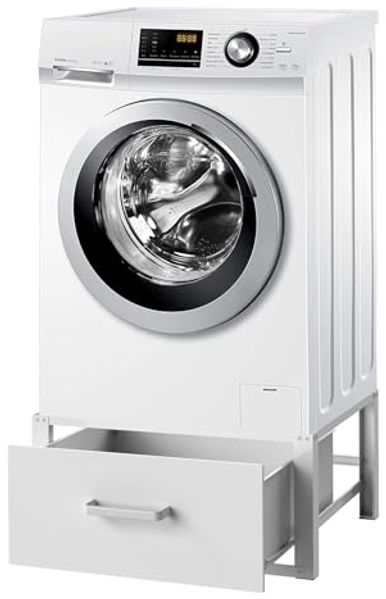 DanDiBo Waschmaschinen Untergestell mit Schublade Metall Weiß 96502 Waschmaschinenunterschrank Waschmaschinensockel Erhöhung Podest Modern Gummiert