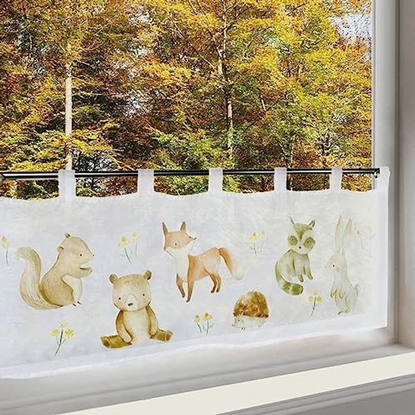 Delindo Lifestyle Scheibengardine Bistrogardine mit schlaufen, Waldtiere, 45x120 cm, weiß (1 St), Schlaufen, halbtransparent, mit Digitaldruck