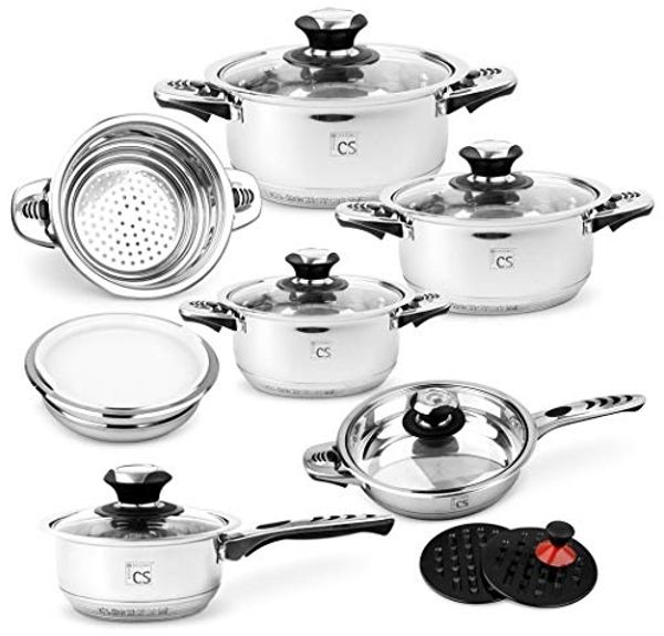 CS Koch-Systeme Topf-Set Aurich, Edelstahl (Set, 16-tlg, Bratentopf 16/20/24cm, Stieltopf 16cm, Pfanne 24cm, Einsatz, Schüssel), 16-teilig, Induktion