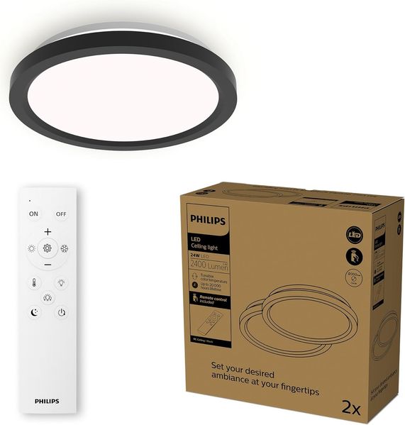 Philips LED-Deckenleuchte mit Fernbedienung, rund, 30 cm, dimmbar, Tunable White, Wohnzimmer, Schlafzimmer, kein Flimmern oder Blenden, modernes Design, schwarz, 2er Pack