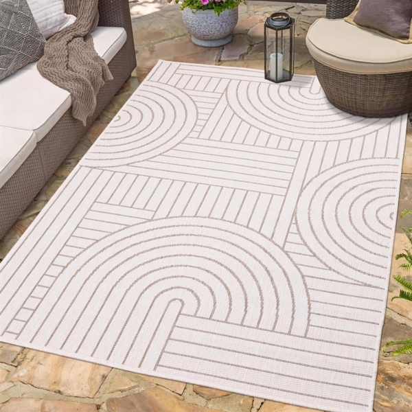 In- & Outdoor-Teppich Beige, Creme - Wendeteppich - 160x230 cm - Geometrisches Muster - Wetterbeständig für Balkon, Terrasse - Teppiche Modern Indoor Wohnzimmer, Küche Bild 1