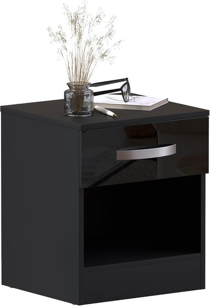 Amazon-Marke – Movian Nachttisch mit 1 Schublade, Hochglanz, schwarz, 47 x 40 x 36 cm