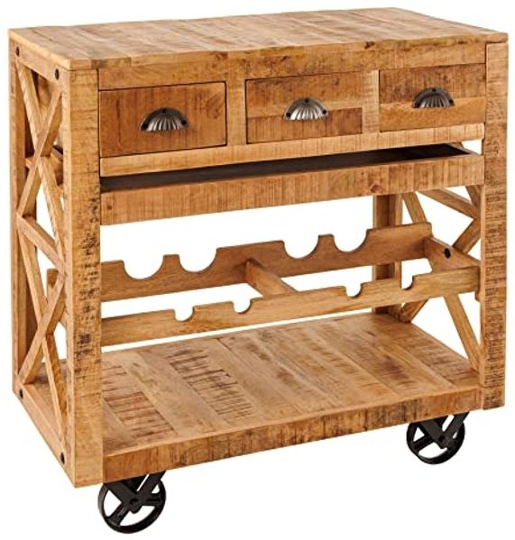 riess-ambiente Servierwagen BODEGA 86cm natur / schwarz, (Einzelartikel, 1 St), Küche · Massivholz · mit Weinregal · Barschrank