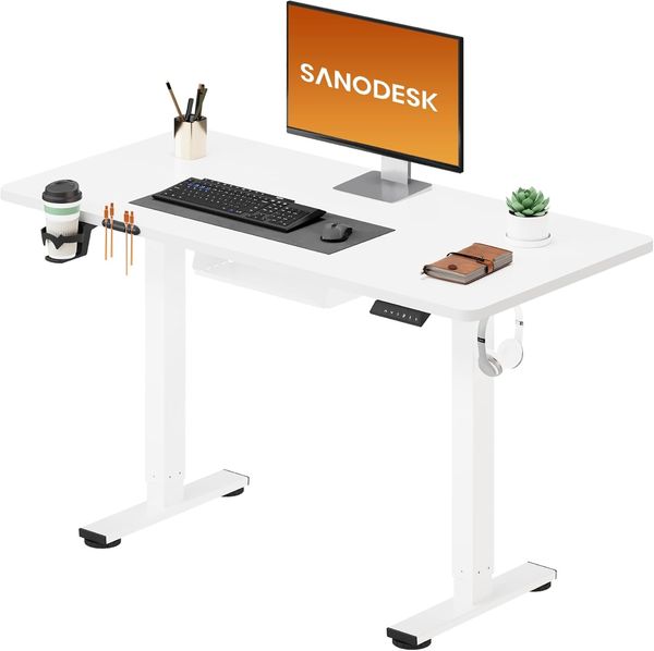 SANODESK Höhenverstellbarer Schreibtisch 110x60 cm Schreibtisch Höhenverstellbar Elektrisch Ergonomischer Steh-Sitz Tisch Computertisch für Heimbüro Homeoffice(weiß)
