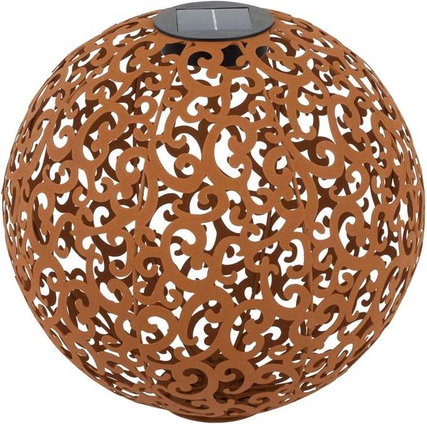 Dehner Solarkugel Lagos | Solardeko, Solarleuchte, Gartenbeleuchtung | Gartenkugel, Deko, Gartendeko, Outdoor | edelrostfarben, Metall | Ornamente | mit Erdspieß und Bodemplatte | Ø 30 cm