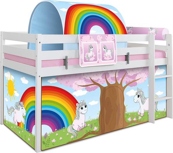 \"Ticaa Hochbett \"\"Einhorn Rainbow\"\" inkl. Zubehör Kiefer massiv weiß\"