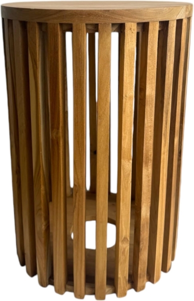 FaHome Beistelltisch Handgefertigt Teakholz Blumenhocker (Holzleisten an den Seiten - Rund), - Massivholz Natur in Modernem Design -