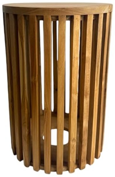 FaHome Beistelltisch Handgefertigt Teakholz Blumenhocker (Holzleisten an den Seiten - Rund), - Massivholz Natur in Modernem Design -