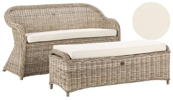 Beliani 'SUSUA' Gartensofa mit Ottomane, 2-Sitzer, Rattan natur, 141 x 69 x 86 cm