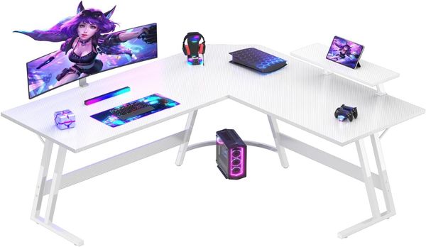 Devoko LED Gaming Tisch L Form mit Monitorständer, Eckschreibtisch für Gamer, Gaming Schreibtisch L Form, Groß Pc Computertisch, Weiß Mattiert, 150x130 cm