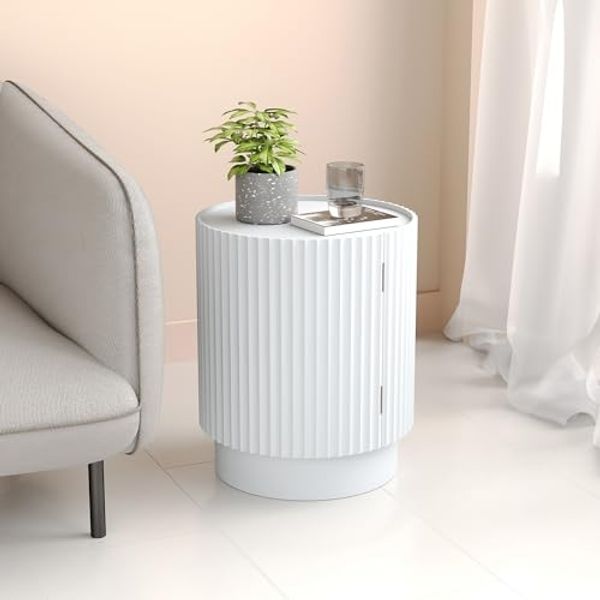 Beistelltisch Rill mit Tür 49xØ40cm Weiß [en. casa]