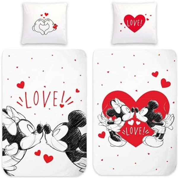 BERONAGE Kinderbettwäsche Minnie Mouse und Mickey Mouse Love Bettwäsche Linon / Renforcé, 100% Baumwolle, 2 teilig, 135x200 + 80x80 cm