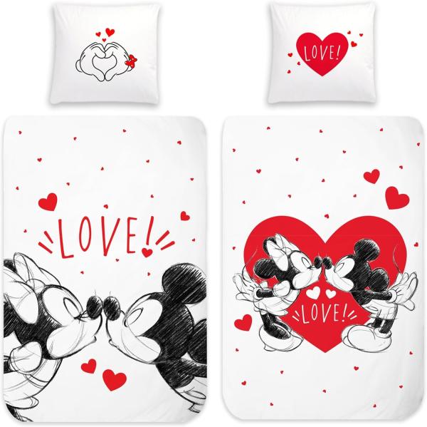 BERONAGE Kinderbettwäsche Minnie Mouse und Mickey Mouse Love Bettwäsche Linon / Renforcé, 100% Baumwolle, 2 teilig, 135x200 + 80x80 cm