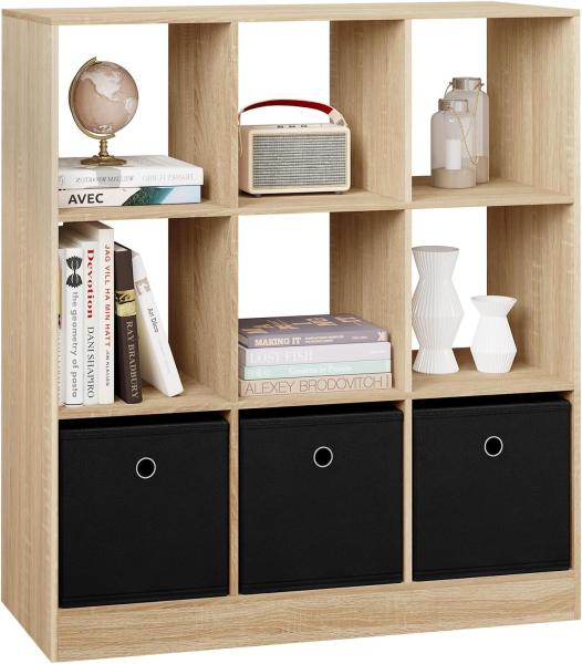 WOLTU Bücherregal Bücherschrank Standregal Würfelregal Aufbewahrungregal Raumteiler Büroregal, mit 9 Fächern 3 Schubladen aus Vliesstoff, für Wohnzimmer Schlafzimmer Büro, helle Eiche, SK041hei