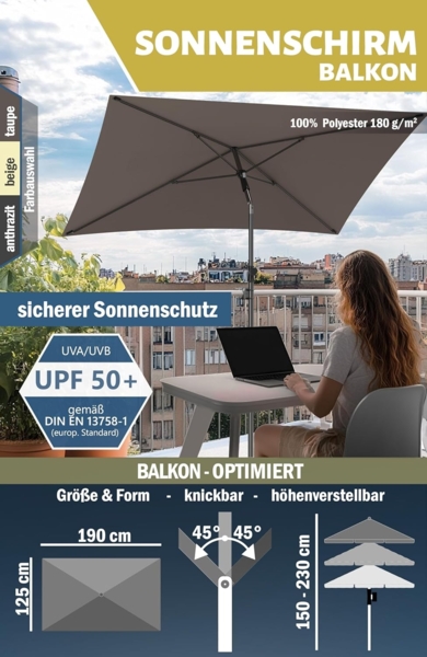 Menz Sonnenschirm Balkon - 3-IN-1 Sonnenschutz Balkon SET in Anthrazit, UPF 50+ Sonnenschirm rechteckig 200x125 cm + Sonnenschirmhalter Balkongeländer + Sonnenschirmhülle Bild 4