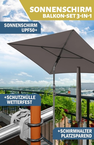 Menz Sonnenschirm Balkon - 3-IN-1 Sonnenschutz Balkon SET in Anthrazit, UPF 50+ Sonnenschirm rechteckig 200x125 cm + Sonnenschirmhalter Balkongeländer + Sonnenschirmhülle Bild 2