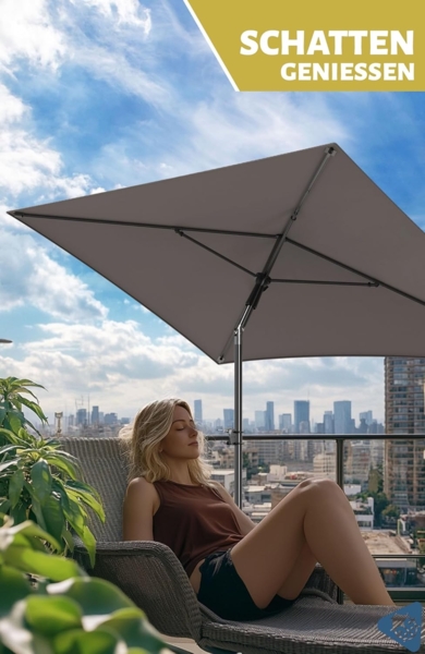 Menz Sonnenschirm Balkon - 3-IN-1 Sonnenschutz Balkon SET in Anthrazit, UPF 50+ Sonnenschirm rechteckig 200x125 cm + Sonnenschirmhalter Balkongeländer + Sonnenschirmhülle Bild 3