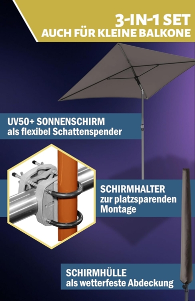 Menz Sonnenschirm Balkon - 3-IN-1 Sonnenschutz Balkon SET in Anthrazit, UPF 50+ Sonnenschirm rechteckig 200x125 cm + Sonnenschirmhalter Balkongeländer + Sonnenschirmhülle Bild 6