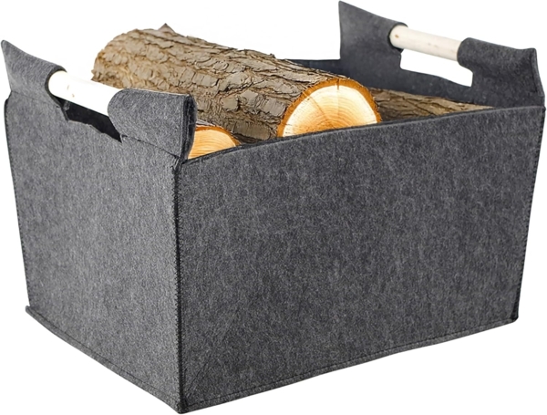 Kobolo Kaminholzkorb Allzweckkorb Holzgriffe Filz dunkelgrau 50x38x34cm (ohne Deckel)