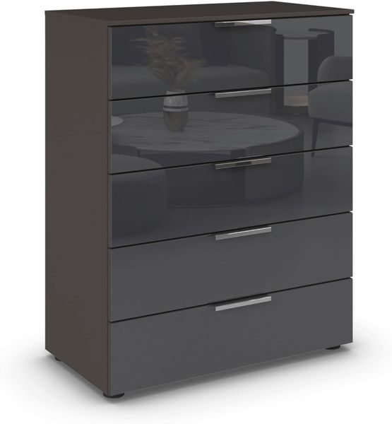 Rauch Möbel Flipp, Kommode für Schlafzimmer, Kinderzimmer, Wohnzimmer, Jugendzimmer, Flur, Garderobe, 5 Schubladen, mit Softclose Funktion, Farbe Glas Basalt, Schwarz, Breite 80 cm