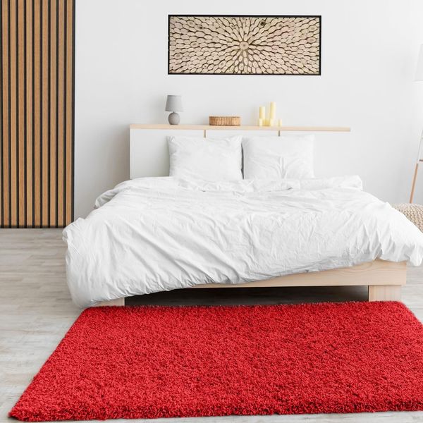 VIMODA Prime Shaggy Hochflor Langflor Teppich Einfarbig Modern Rot Hochflor für Wohnzimmer, Schlafzimmer, Maße:Ø 160 cm Rund