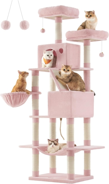 Feandrea Kratzbaum groß, 206 cm hoch, XXL Katzenbaum, mit 13 Kratzsäulen, 2 Plattformen, 2 Höhlen, Korb, Hängematte, Plüschbälle, mehrstöckiger Katzenkratzbaum, Pastellrosa