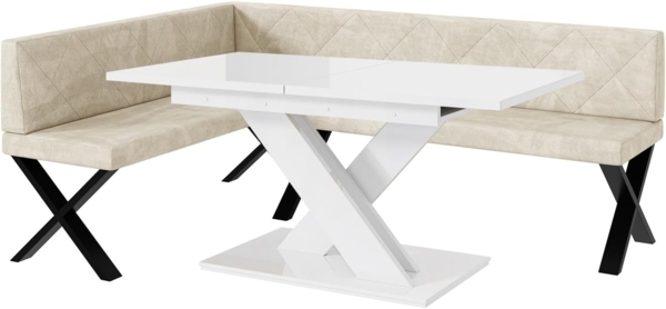 MEBLINI Eckbank für Esszimmer mit ausziehbarem Tisch - Küchenbank - Essecke - Sitzecke Küche - ERIC - X-Beine 142 x 196 x 87 cm Links - Creme Samt/B Weiß Hochgl.