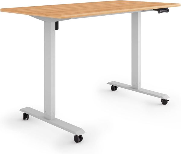 ESMART Germany ETX-121GM 140x70 cm Ahorn Dekor Ergonomischer Steh-Sitz-Schreibtisch auf Rollen Stufenlos elektrisch höhenverstellbar 78,5-128,5cm 3X Memory Aktivitätserinnerung Soft-Start/Stopp