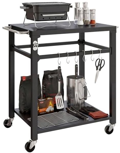 Outsunny Servierwagen 2-Etagen Grilltisch mit Metalloberfläche, (Set, 1 St, 1), Mit Haken, Rollen, Flaschenöffner