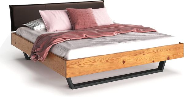Möbel-Eins CURBY Kufenbett mit Polster-Kopfteil, Material Massivholz, rustikale Altholzoptik, Fichte, Kufen schwarz natur 140x200 cm Kunstleder Braun ohne Steppung