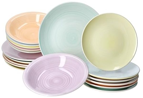 MamboCat Teller-Set 18tlg Tellerset Pastello 6 Pers. Essteller Kuchenteller bunt Teller, Steingut