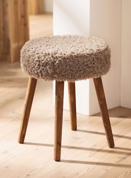 Dekoleidenschaft Polsterhocker "Schaffell" Holz & Kunstfell Ø 35 x 45 cm, Hocker Sitzhocker Fußhocker