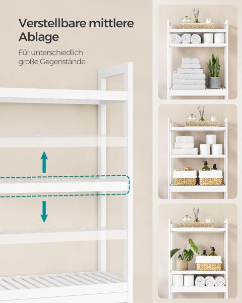 Toilettenregal, Badezimmerregal, Waschmaschinenregal,3-stöckiges Badregal aus Bambus, verstellbar, multifunktional, statische Belastbarkeit 15 kg pro Ebene, einfache Montage, weiß BTS01WT Bild 4