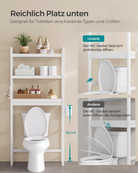 Toilettenregal, Badezimmerregal, Waschmaschinenregal,3-stöckiges Badregal aus Bambus, verstellbar, multifunktional, statische Belastbarkeit 15 kg pro Ebene, einfache Montage, weiß BTS01WT Bild 8