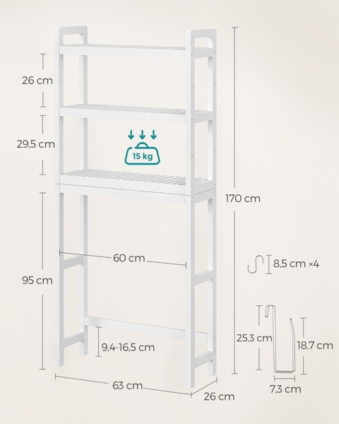 Toilettenregal, Badezimmerregal, Waschmaschinenregal,3-stöckiges Badregal aus Bambus, verstellbar, multifunktional, statische Belastbarkeit 15 kg pro Ebene, einfache Montage, weiß BTS01WT Bild 3