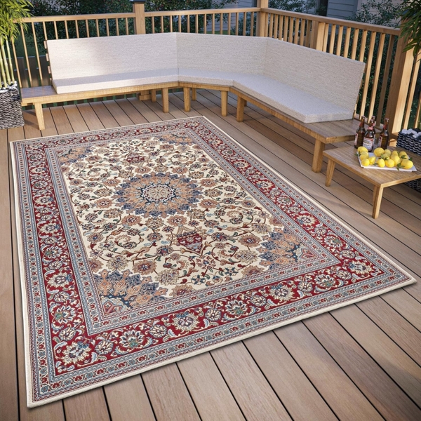 Hanse Home Kadi In- & Outdoor Teppich Orientalisch – Orient Flachgewebe, Orientalisches Design Klassisch, ÖKO-TEX Wetterfest & UV-beständig für Balkon, Terrasse, Garten – Creme Rot, 80x165 cm