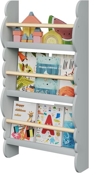 WOLTU Kinder Bücherregal Wandregal, Bücher-Organizer mit 3 Ablagen, Kinderregal für Buchaufbewahrung, aus Kiefernholz E1 MDF, für Kinderzimmer Spielzimmer, Grau